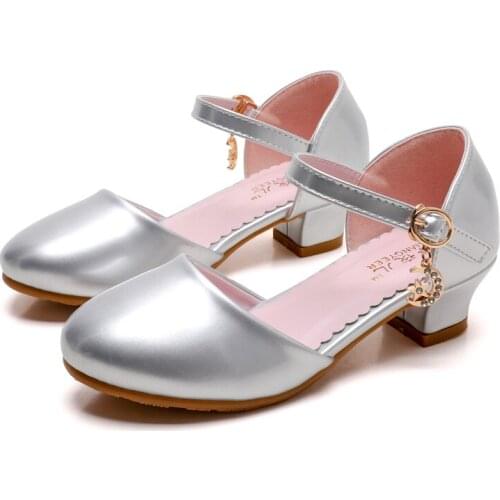 Four Seasons Hot Kids Shoes For Girls Fashion Princess Leather Dance Party Buckle Shoes Shiny Solid Silver Color High-Heeled