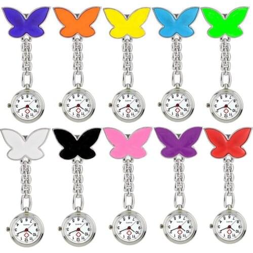10pcs/lot Fashion Pretty Butterfly Shape Alloy Chain Hang Clips Pocket Watches for Hospital Nurse Doctor Women Mens Quartz Watch