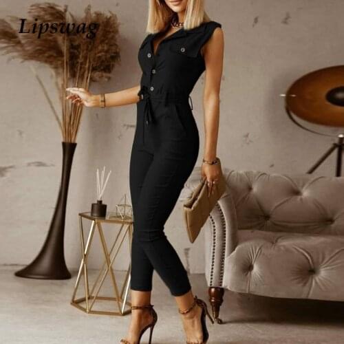 Summer Fashion Office Lady Jumpsuit Solid Sleeveless Button Pocket Cargo Pant Overall Playsuit Casual Women Tie-Up Belted Romper