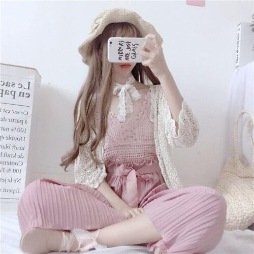 Cute Womens 3Pcs Set:Calf-Length Chiffon Trousers+Knitted Flare Sleeve Cardigan+Knitted Vest Halter Tops Summer Women Fashion