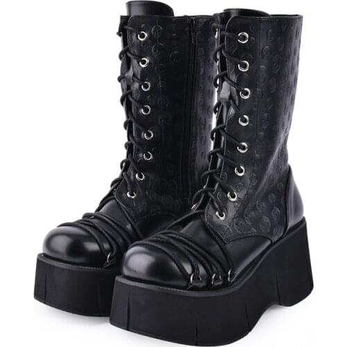 Fashion Winter Women Gothic Skull Print Motorcycle Boots Female Foam Platform High Hoof Heel Shoes Lacing Punk Middle Boots
