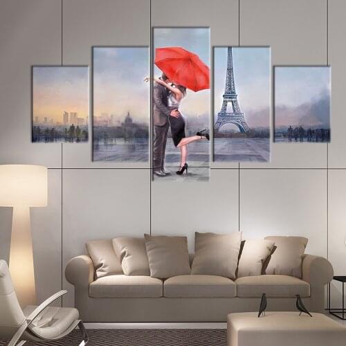 Wall Art Canvas Painting 5 piece Paris Romantic tower love lover red umbrella canvas art Wall Pictures For Living Room