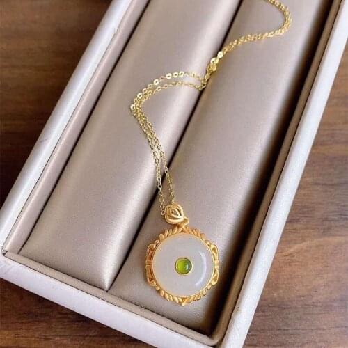 Jade Necklace Womens S925 Sterling Silver Inlaid Natural Hetian Jade Safety Buckle Pendant Jade Vintage Necklace Womens Ethnic