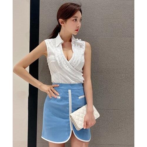 New arrival fashion elegant korean style sets for women summer office lady temperament blue skirts and white shirt two piece set
