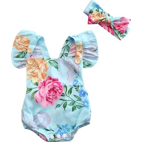 Toddler Baby Girls Floral Blue Playsuit Cotton Jumpsiut Headband+Bodysuit Outfits Set Size 0-18M