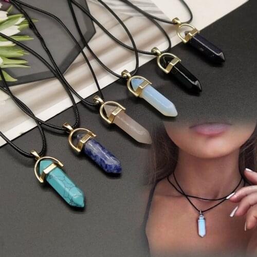 Natural Reiki Chakra Necklace Crystal Hexagonal Pointed Chakra Stones Pendant Women Black PU Leather Choker Necklace Jewelry