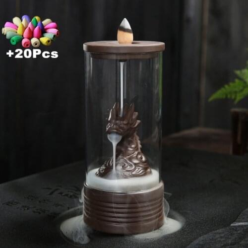 +20Pcs Incense Cones Zen Feng Shui Plastic Cup Windproof Ceramic Chinese Dragon Backflow Incense Burner Smell Removing Incense