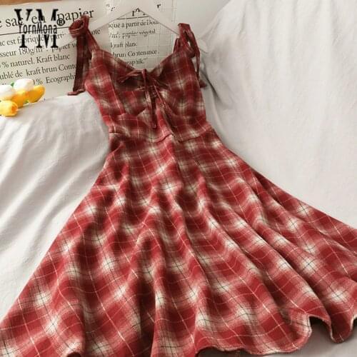 YornMona Red Plaid Mini Dress 2020 Women Bow Bandage Strap Summer Literary Style Dress Casual Girl Vacation Short Dress Vestidos