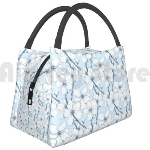 Portable Insulation Bag Japanese Garden. Blue Blooming Floral Flowers Spring Petal Leaf Blossom Asia Season Cherry