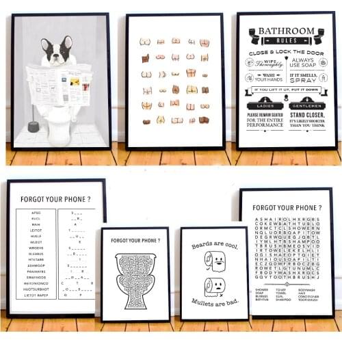 French Bulldog In Toilet Poster Funny Bathroom Rules Sign Nordic Butt Chart Prints Toilet Humorous Pictures Bathroom Home Decor