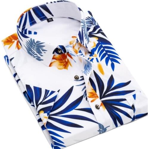 AOLIWEN Men Summer White Blue Hawaiian Style Printed Short Sleeve Shirt Leisure Vacation Button Trend Silky soft Slim Fit Shirt
