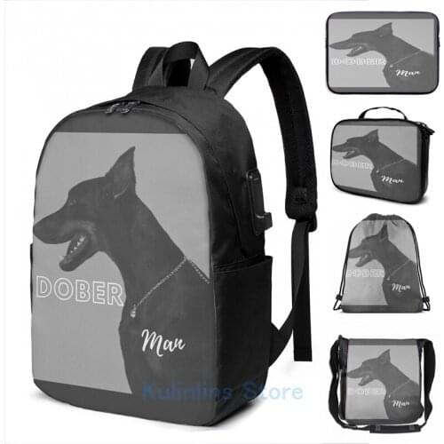 Funny Graphic print Doberman USB Charge Backpack men School bags Women bag Travel laptop bag