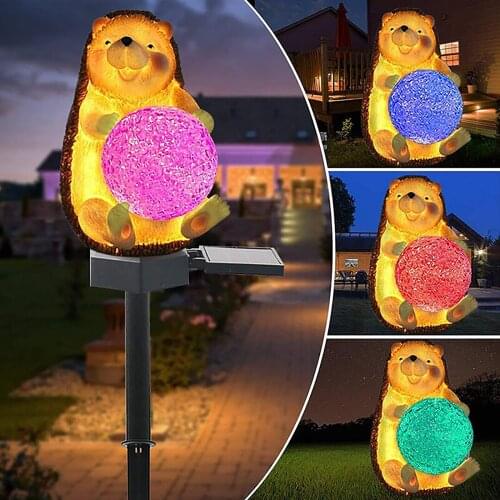 Solar Powered Garden LED Lights Hedgehog Animal Pixie Lawn Ornament Color Changing Waterproof Landscape Ground Plug Lawn Light