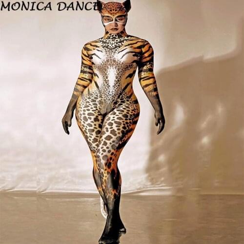 Sexy Stage Cosplay Leopard Womens Skinny Jumpsuits Club Dance Catsuit Evening Party Prom Female Stage Outfit Halloween Costumes