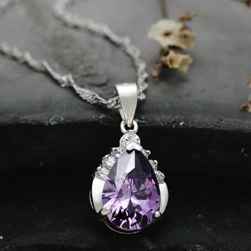 Brand New Purple Crystal Mystic Classics Concave Pear Love Guardian Amulet Pendant Necklace Set Genuine 925 Sterling Silver Gift
