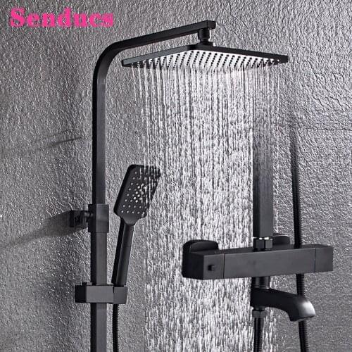 Thermostatic Bathroom Shower Set of 12 Inch ABS Rainfall Shower Head Copper Brass Bathroom Mixer Tap Black Thermostatic Faucets