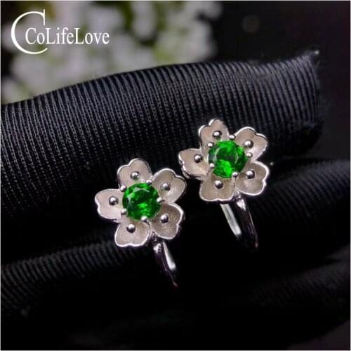 CoLife Jewelry 925 Silver Flower Stud Earrings 4mm Natural Chrome Diopside Earrings Sterling Silver Diopside Jewelry