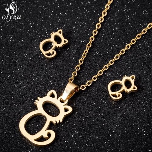 Lovely Animal Stainless Steel Jewelry Sets Cute Cat Pendant Necklace for Women Kids Small Kitten Earrings Dog Paw Wholesale