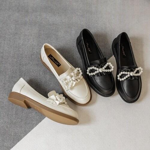2021 String Bead bow-knot ruffles oxfords woman derby low heels loafers flats round toe pearl small leather shoes women bullock