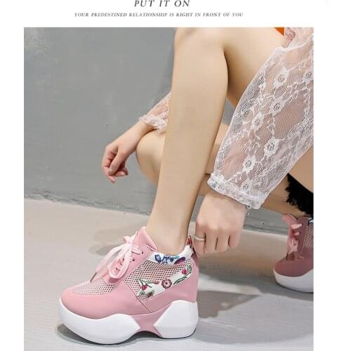 2019 Autumn Woman Height Increasing High Heels Platform Shoes Women Breathable Sneakers High Top White Casual Shoes 11 CM Heels