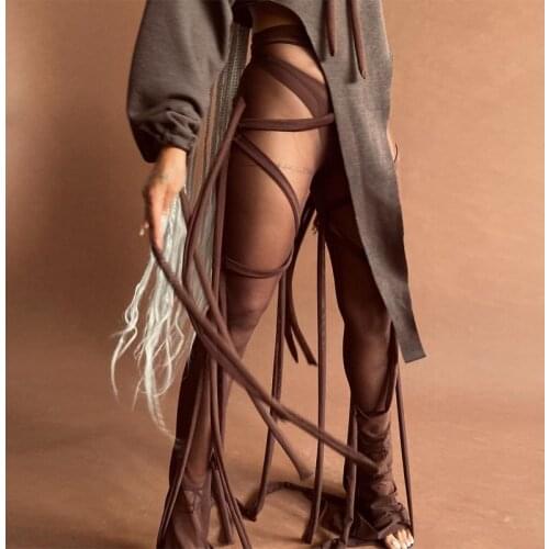 2020 High Waist Mesh See-Through Bandage Solid Pants Autumn Winter Women Fashion Sexy Outfits Trousers