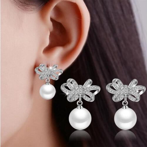 New 925 Sterling Silver Jewelry Shiny CZ Zircon Bowknot Pearl Stud Earrings For Women Birthday Gift Drop Shipping
