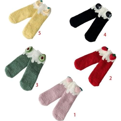 6 Pairs Women Winter Fuzzy Plush Crew Slipper Socks Cartoon Fruit Warm Hosiery