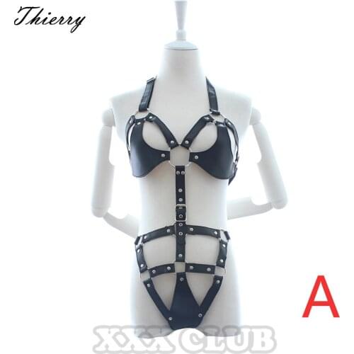 Thierry adult game PU leather body Harness female flirting bra with chastity belt for sex roleplay Fetish Bondage Sex Toys