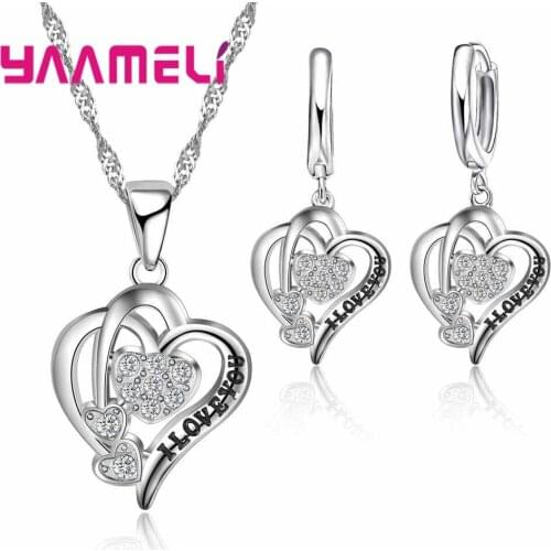 New New Fashion Double Heart With Love You Shape Necklace Earrings Sets Romantic Jewelry Women Gift 925 Sterling Silver