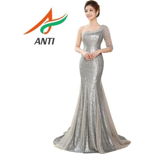 ANTI Luxurious Crystal Beading One Shoulder Robe De Soiree 2019 Evening Dresses Long Mermaid Silver Bling Sequin Party Gowns
