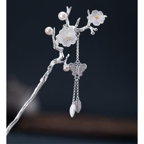 1pcs Handwork Chinese Style 925 Silver Tassel Hairpin Hanfu Flower Hair Stick Ancient Decor Accessories Women Girl Gift