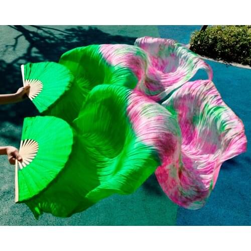 2017 female high quality Chinese silk veils dance fans Pair of belly dancing fans cheap hot sale green mix color as picture