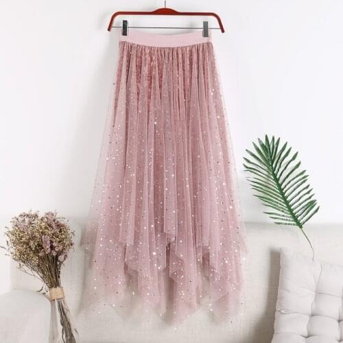 2020 Women Mesh Skirt Gold Velvet Lining Skirts Irregular A-line Skirt Women Star Sequins Long Skirt Maxi Jupe Femme Faldas Saia
