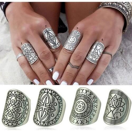 4Pcs Bohemia Silver Plated Rings Unique Carving Tibetan Vintage Jewelry Ring Set Punk Boho Party Decor for Woman