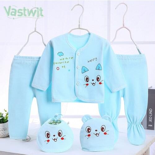 5pcs Baby Boys Girl Clothes 0-3M Spring Summer Cartoon Print Newborn Baby Clothing Tops Pants Bibs Hats Gift Set Cotton Outfits
