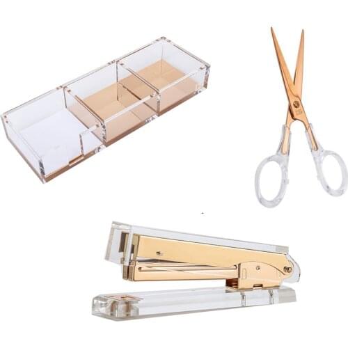 Acrylic Gold Stapler 1)Scissors1 Acrylic Triple Desktop Sorter desktop stationery series