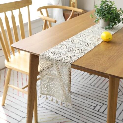 Beige Black Crochet Lace Table Runner Tassel Cotton Wedding Decor Hollow Tablecloth Nordic Romance Table Cover Coffee Bed Runner