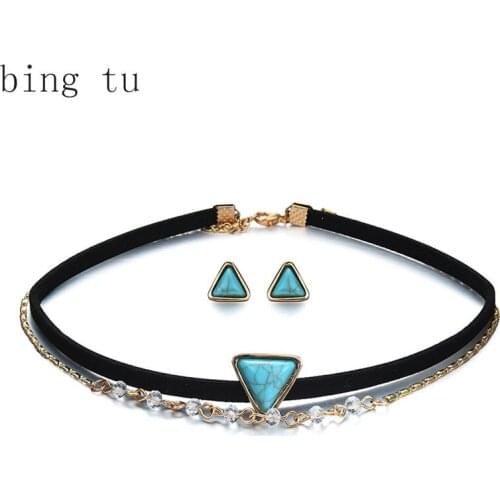 Bing Tu Triangle Faux Stone Choker Necklace Set Double Layered Necklaces Earrings Jewelry Sets Women Black Velvet Chokers