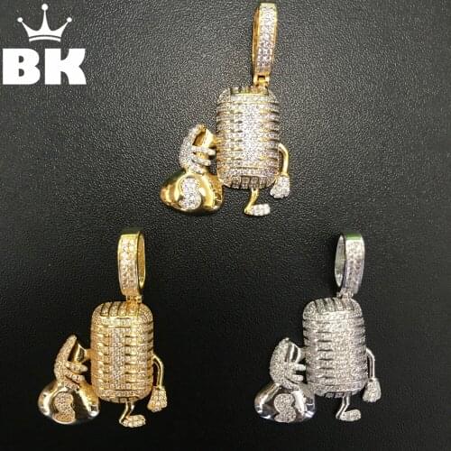 THE BLING KING Microphone With Money Bag Pendant Necklace Micro Paved AAA Cubic Zirconia Gold silver color Double Color Jewelry