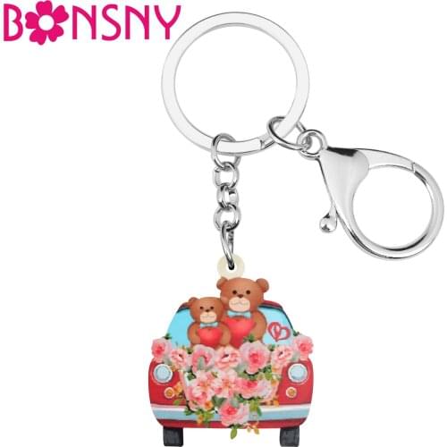 BONSNY Acrylic Valentines Day Red Flowers Bear Doll Car Truck Keychains Key Chain Ring Novelty Jewelry For Women Girl