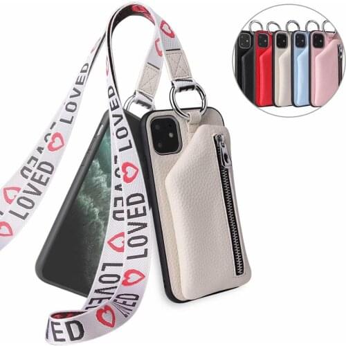 Wallet phone case for iPhone 11 pro max SE 2020 X Xs max XR 7 8 6 6S plus zipper storage protective cases cover with lanyard
