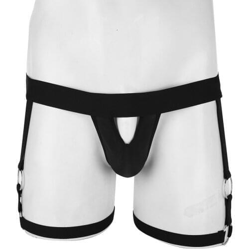 Black Mens Erotic Panties Lingerie Bulge Penis Pouch Open Butt Strap Sissy Thong G-string Briefs Underwear with Leg Garters Band