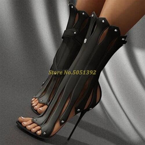 Black Stripper Heels Open Toe Stiletto Heel Sexy Shoes for Night Club Hollow Cut Out Black Leather Gladiator Women Dress Boots