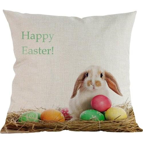 Happy Easter Rabbit Bunny Colorful Eggs Linen Throw Pillow Case Festival Home Sofa Chair Decorative Cushion Cover 45x45cm