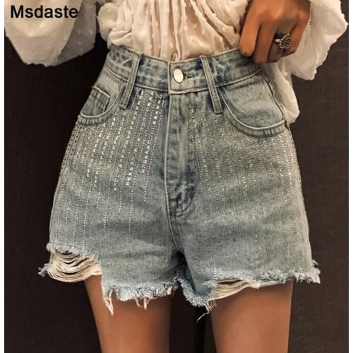 Jeans Shorts Women Summer High Waist Distressed Sequined Denim Shorts Pants for Women Vintage Cross-pant Casual Woman Shorts