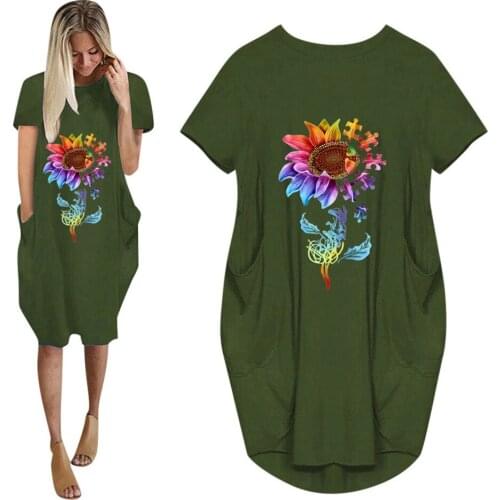 Femme Robes Summer Dress Women O-Neck Short Sleeve Sunflower Print Dress For Women Clothing Casual Loose Pocket Dresses Vestidos