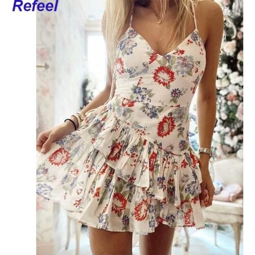 Summer Women Sweet Floral Print Sexy Sling Dress Female Sleeveless V Neck Asymetric Mini Dress Holiday Party Vestido