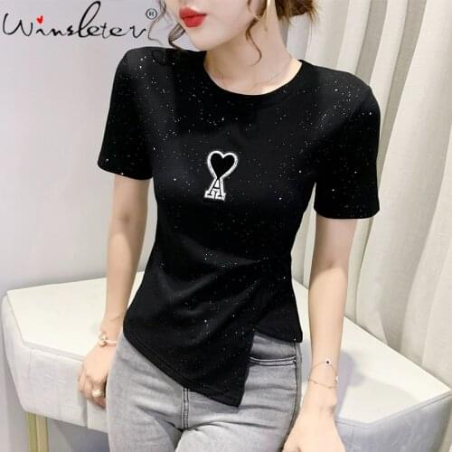 Summer Korean Clothes Cotton Solid T-Shirt Chic Fold Embroidery Love Shiny Women Tops Short Sleeve Bottoming Shirt Tees T15501A