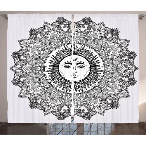 Boho Occult Curtains Abstract Sun in Ethnic Mandala Satin Fabric Drapes for Living Room Bedroom 2 Panel Window Set