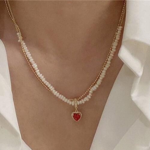 Origin Summer Sweet Fashion Cubic Zircon Red Love Heart Pendant Necklace for Women Double-Layer Genuine Pearl Necklace Jewelry